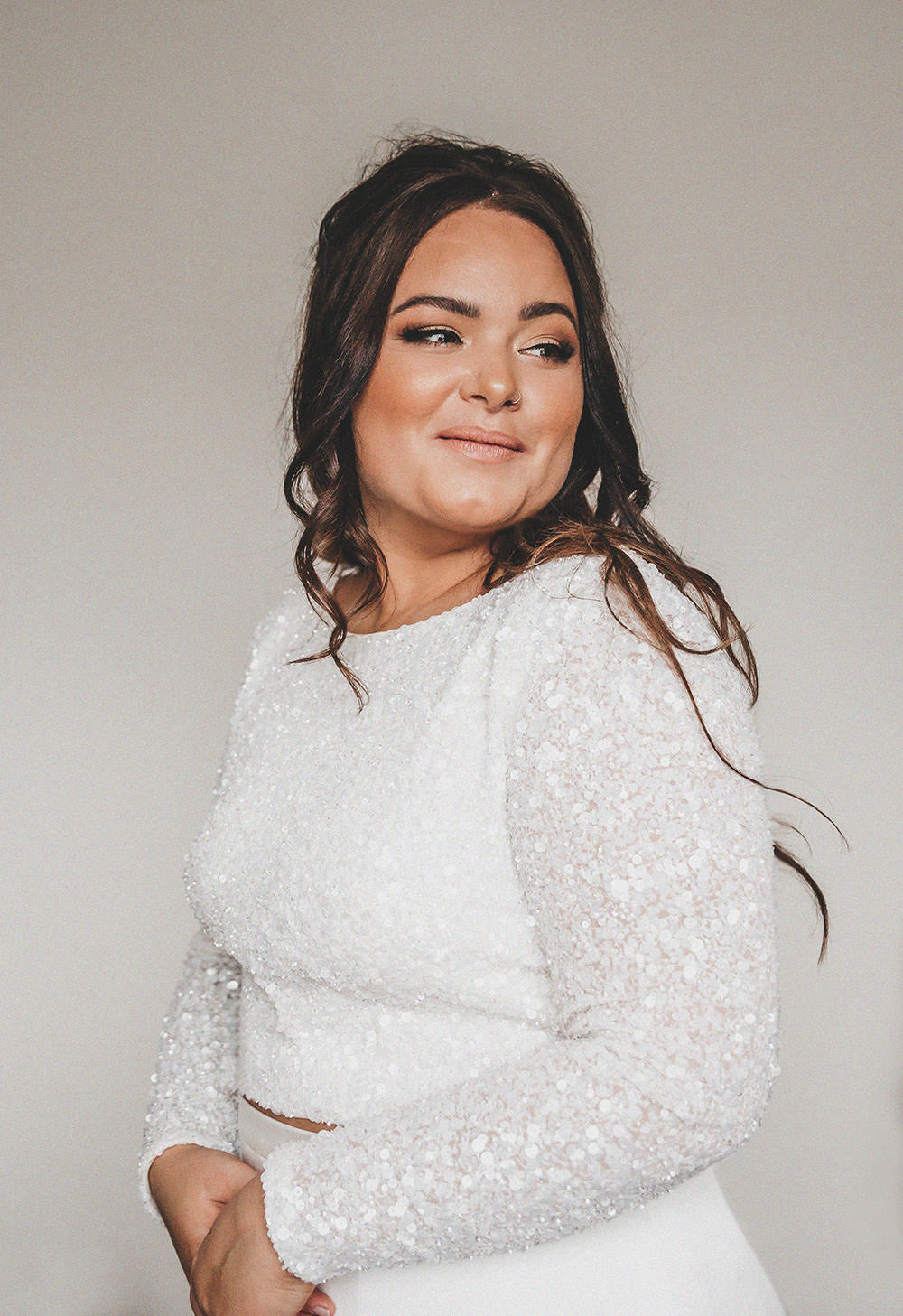 Bride Bridal Separates Sparkly Long Sleeve Fish Tail Button Back Veil Big Barn Wedding Ashley The Vedrines Photography
