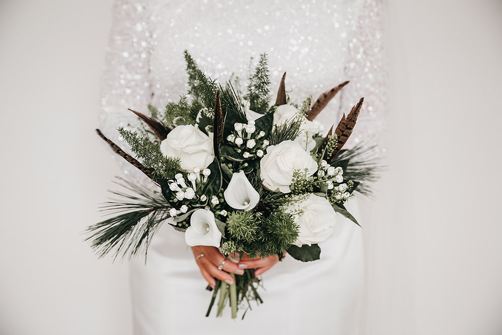 White Rose Bouquet Pheasant Feather Greenery Big Barn Wedding Ashley The Vedrines Photography