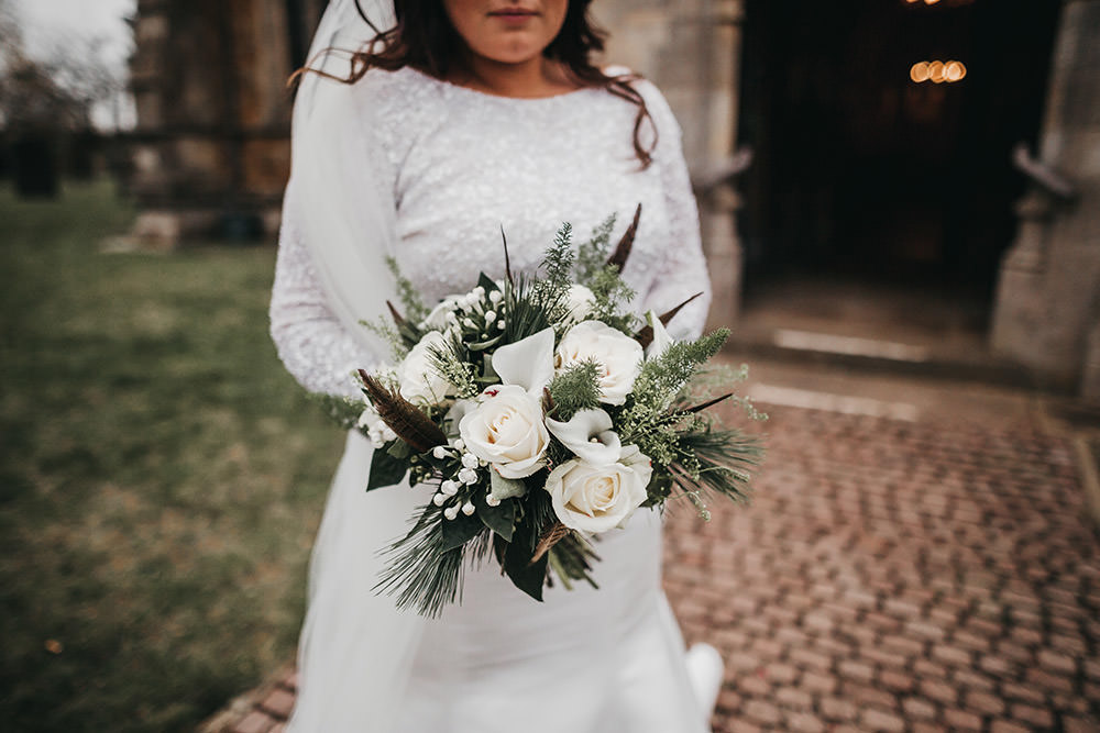 Bride Bridal Separates Sparkly Long Sleeve Fish Tail Button Back Veil White Greenery Bouquet Big Barn Wedding Ashley The Vedrines Photography