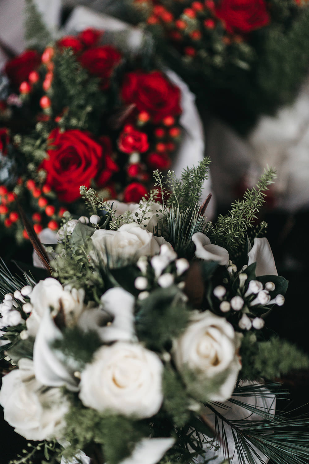 Bride Bridal White Rose Snowdrop Red Bouquet Big Barn Wedding Ashley The Vedrines Photography