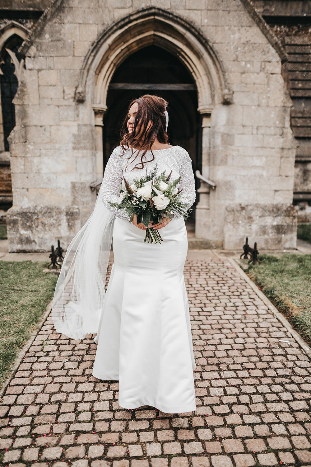 Bride Bridal Separates Sparkly Long Sleeve Fish Tail Button Back Veil Big Barn Wedding Ashley The Vedrines Photography