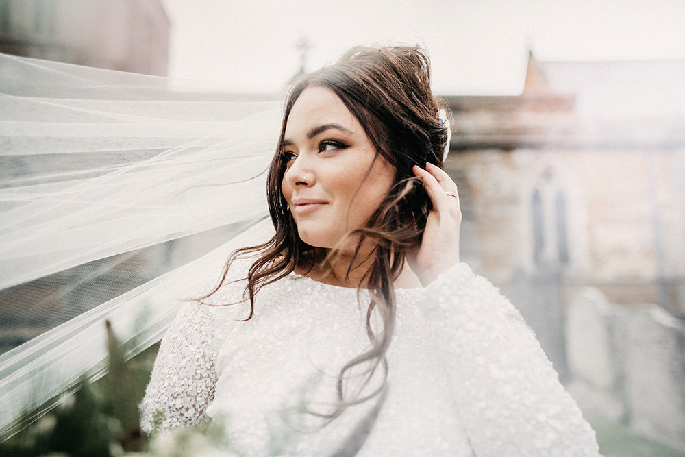 Bride Bridal Separates Sparkly Long Sleeve Veil Big Barn Wedding Ashley The Vedrines Photography