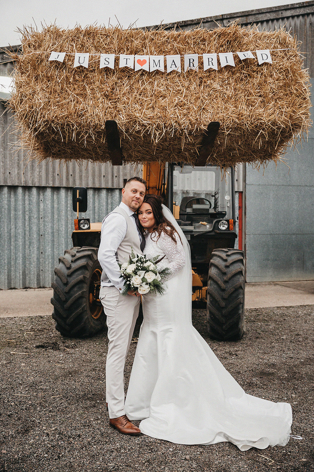 Bride Bridal Separates Sparkly Long Sleeve Fish Tail Button Back Groom Cream Waistcoat Suit Veil White Rose Snowdrops Bouquet Big Barn Wedding Ashley The Vedrines Photography