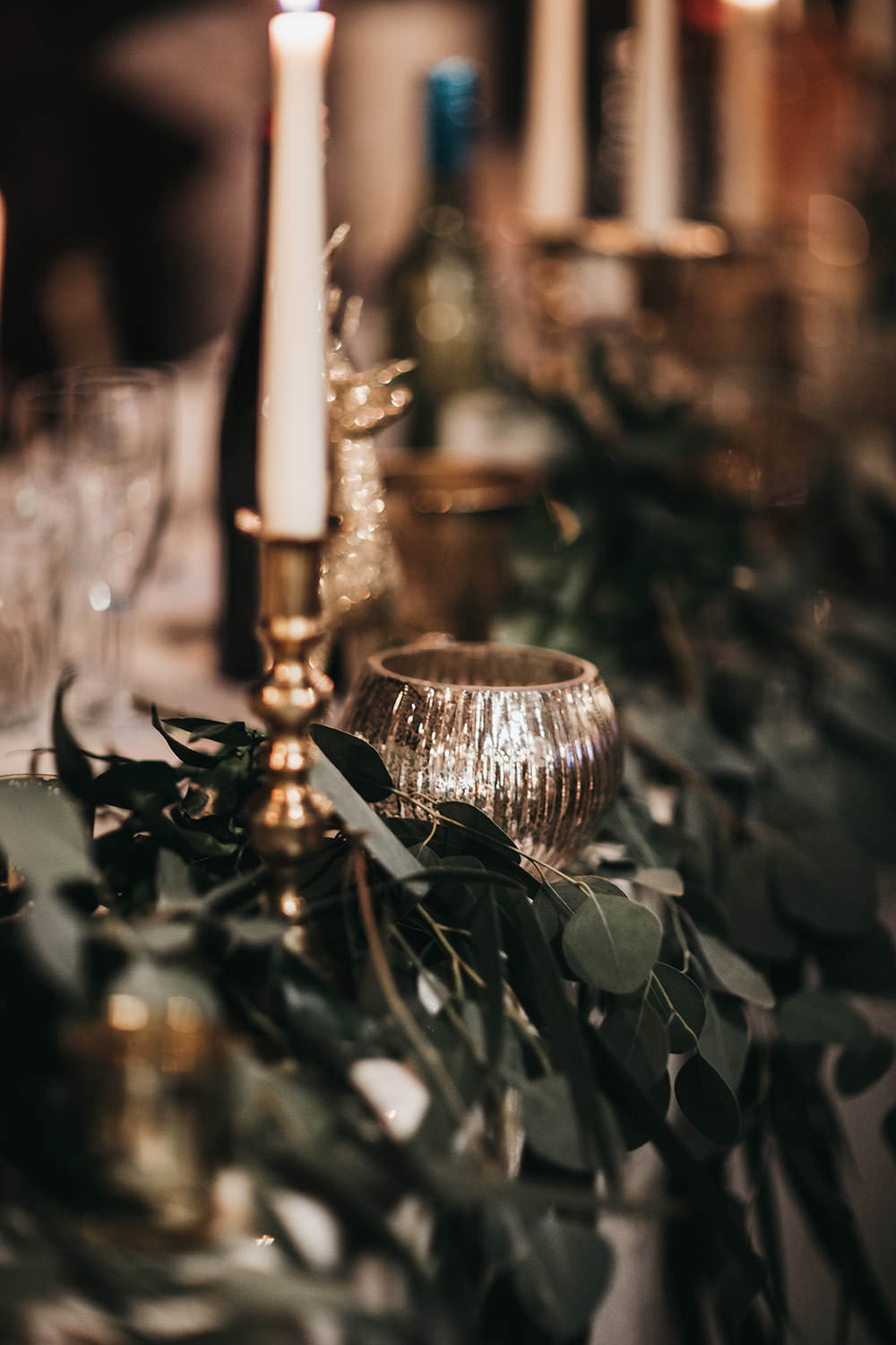 Greenery Table Runner Brass Candlestick Votive Big Barn Wedding Ashley The Vedrines Photography