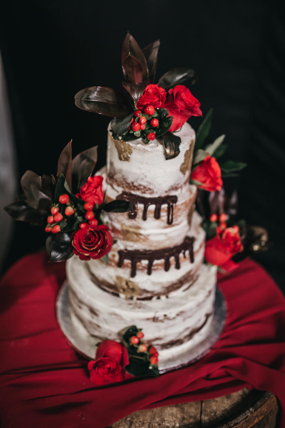 Semi Naked Drop Cake Red Rose Berries Big Barn Wedding Ashley The Vedrines Photography