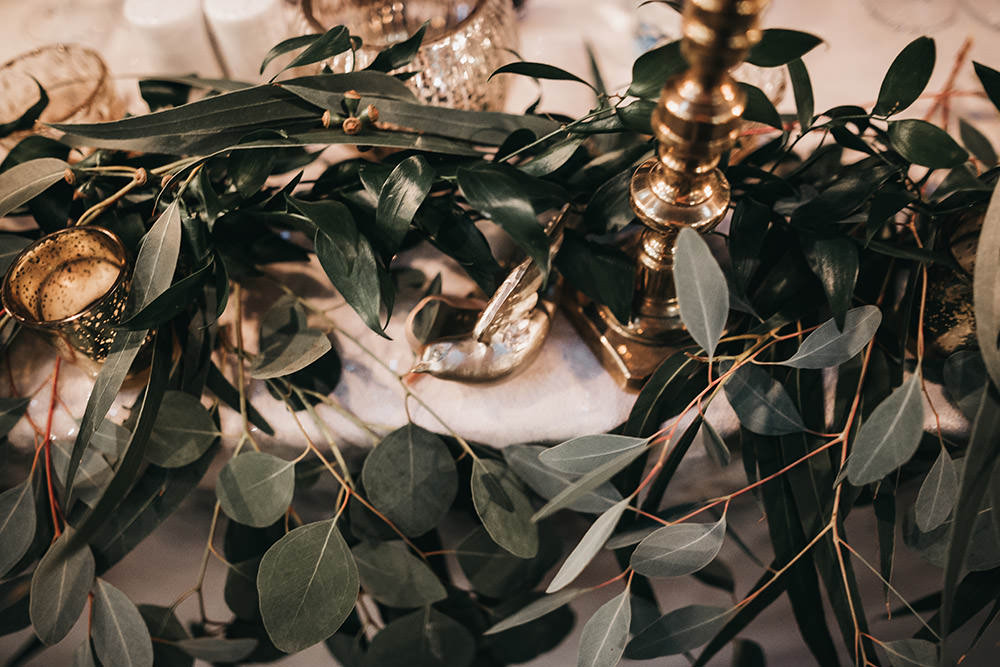 Greenery Eucalyptus Table Runner Brass Candlestick Big Barn Wedding Ashley The Vedrines Photography