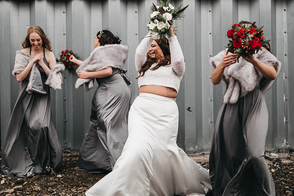 Bride Bridal Separates Sparkly Long Sleeve Fish Tail Button Back Veil Grey Multiway Bridesmaids Faux Fur Wrap White Red Rose Bouquet Big Barn Wedding Ashley The Vedrines Photography
