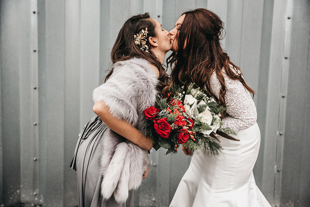 Bride Bridal Separates Sparkly Long Sleeve Fish Tail Button Back Veil Grey Multiway Bridesmaids Dress Faux Fur Wrap Red White Rose Bouquet Big Barn Wedding Ashley The Vedrines Photography