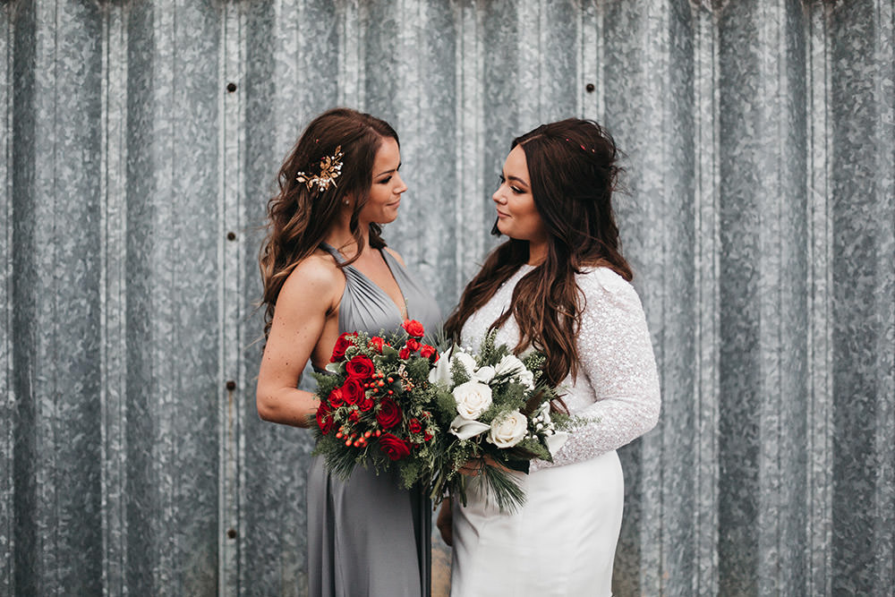 Bride Bridal Separates Sparkly Long Sleeve Fish Tail Button Back Veil Grey Multiway Bridesmaids Dress Red White Bouquet Rose Big Barn Wedding Ashley The Vedrines Photography