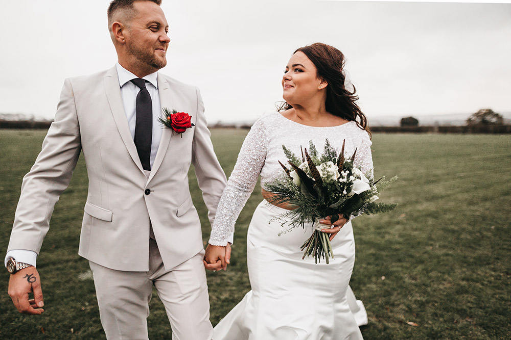 Bride Bridal Separates Sparkly Long Sleeve Fish Tail Button Back Groom Cream Waistcoat Suit Veil Pheasant Feather Bouquet Big Barn Wedding Ashley The Vedrines Photography