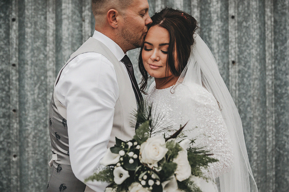 Bride Bridal Separates Sparkly Long Sleeve Fish Tail Button Back Groom Cream Waistcoat Suit Veil White Bouquet Pheasant Feather Bouquet Big Barn Wedding Ashley The Vedrines Photography
