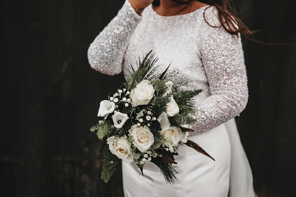 White Rose Pheasant Feather Bouquet Big Barn Wedding Ashley The Vedrines Photography