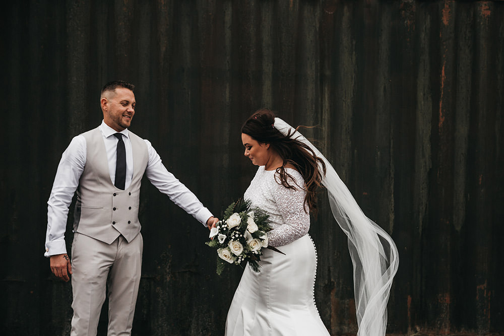 Bride Bridal Separates Sparkly Long Sleeve Fish Tail Button Back Groom Cream Waistcoat Suit Veil Big Barn Wedding Ashley The Vedrines Photography