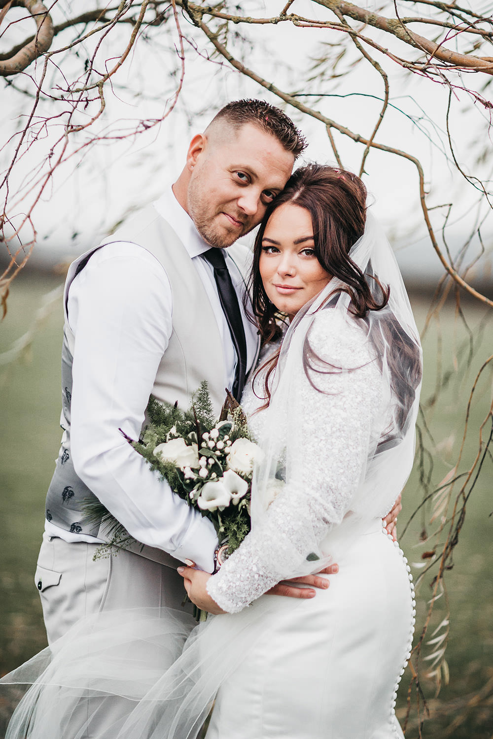 Bride Bridal Separates Sparkly Long Sleeve Fish Tail Button Back Groom Cream Waistcoat Suit Veil Big Barn Wedding Ashley The Vedrines Photography