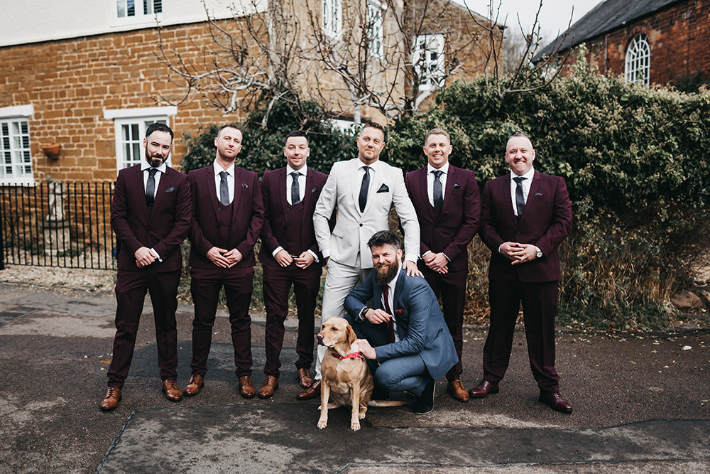 Burgundy Three Piece Suit Groomsmen Cream Groom Big Barn Wedding Ashley The Vedrines Photography