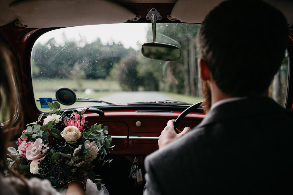 Red Beetle VW Car Transport Bodnant Welsh Food Wedding Elaine Williams Photography