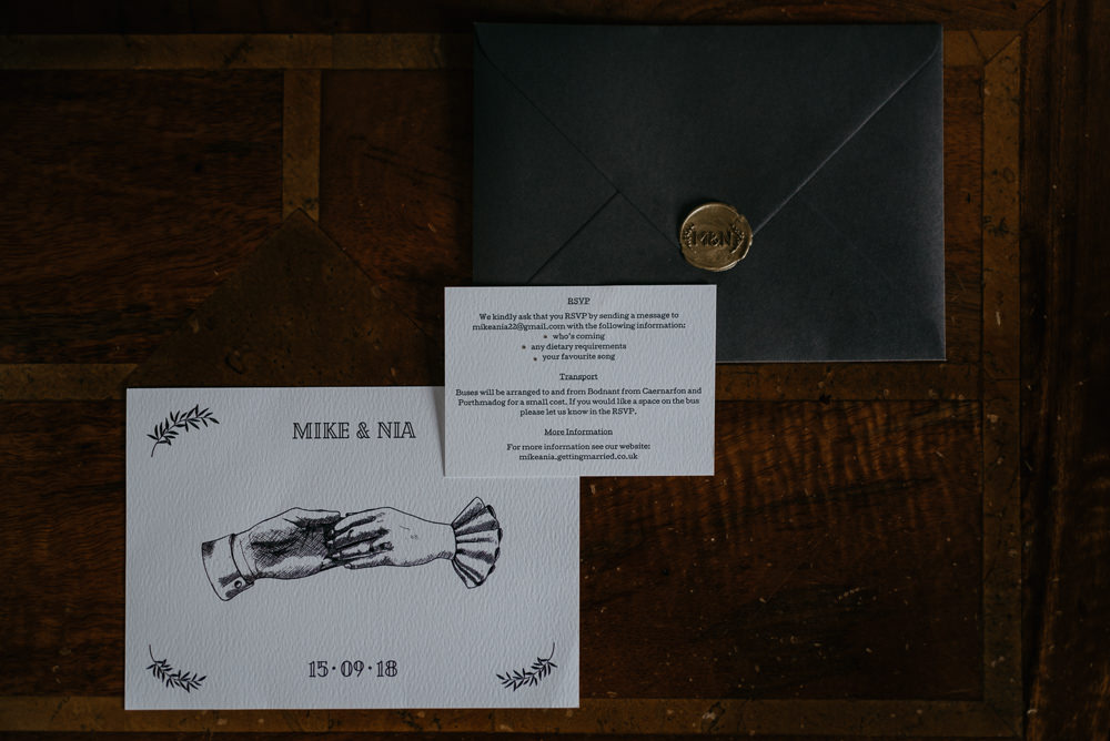 Stationery Invites Invitations Illustrated Black Envelope Gold Wax Seal Bodnant Welsh Food Wedding Elaine Williams Photography