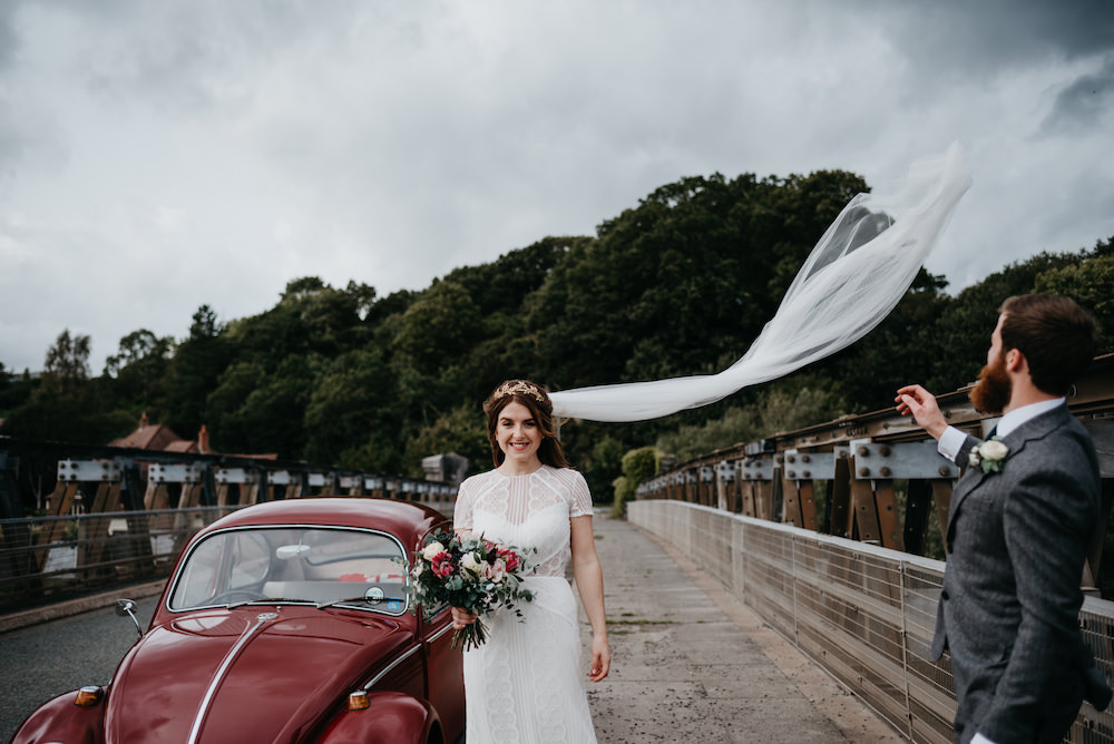 Dress Gown Bride Bridal Lenora Wtoo Watters Lace Sleeves Veil Bodnant Welsh Food Wedding Elaine Williams Photography