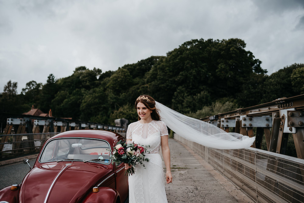 Dress Gown Bride Bridal Lenora Wtoo Watters Lace Sleeves Veil Bodnant Welsh Food Wedding Elaine Williams Photography