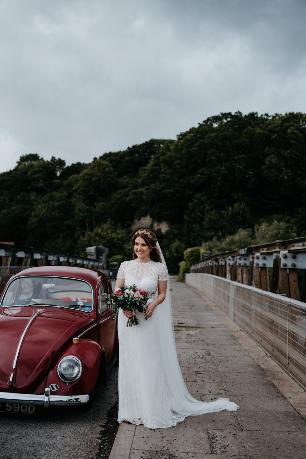 Dress Gown Bride Bridal Lenora Wtoo Watters Lace Sleeves Veil Bodnant Welsh Food Wedding Elaine Williams Photography