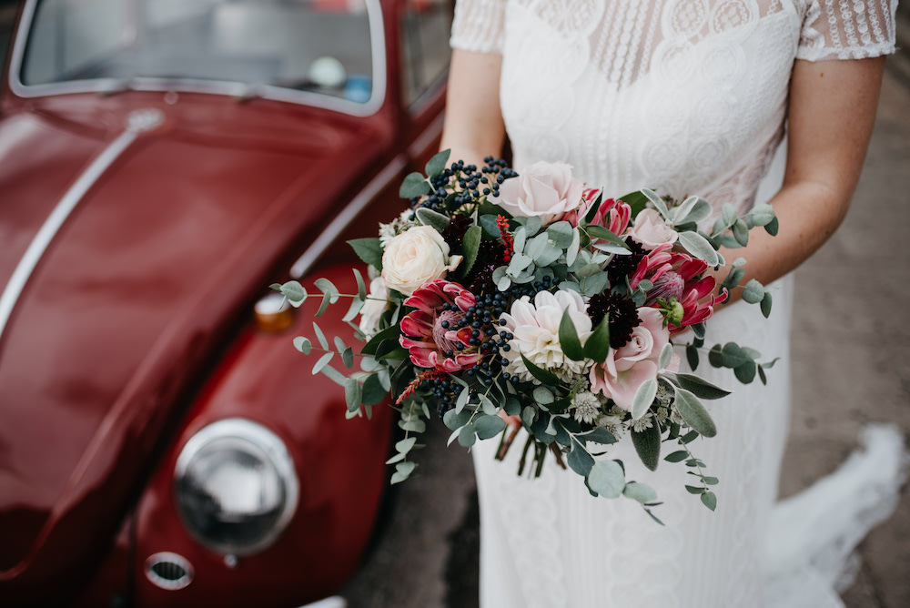 Bouquet Flowers Bride Bridal Greenery Foliage Proteas Dahlias Red Bodnant Welsh Food Wedding Elaine Williams Photography