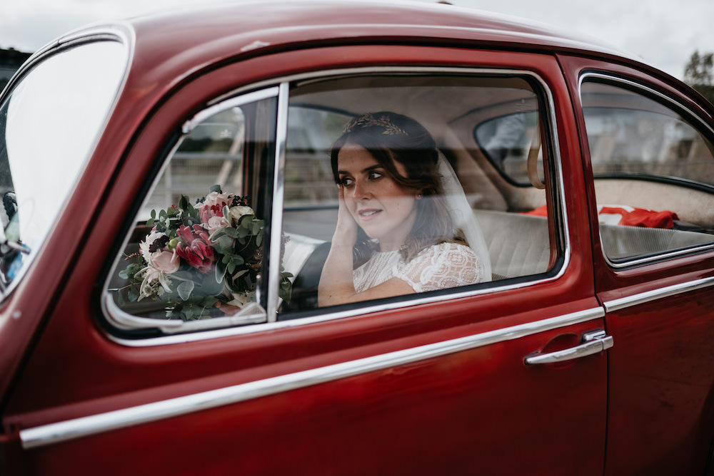 Red Beetle VW Car Transport Bodnant Welsh Food Wedding Elaine Williams Photography