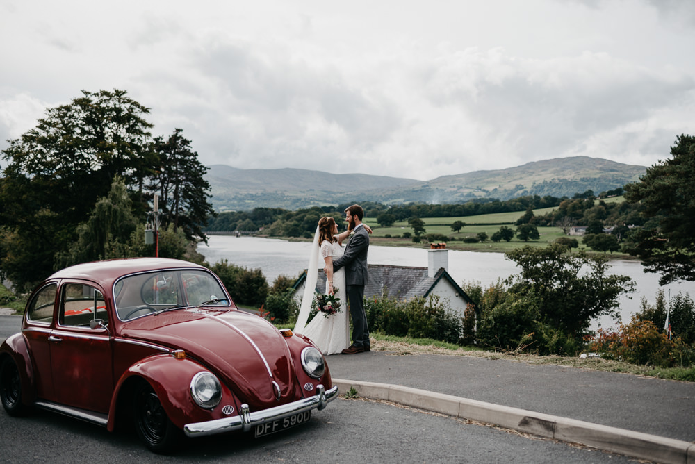 Red Beetle VW Car Transport Bodnant Welsh Food Wedding Elaine Williams Photography