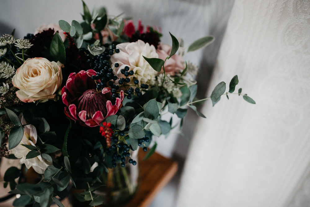 Bouquet Flowers Bride Bridal Greenery Foliage Proteas Dahlias Red Bodnant Welsh Food Wedding Elaine Williams Photography