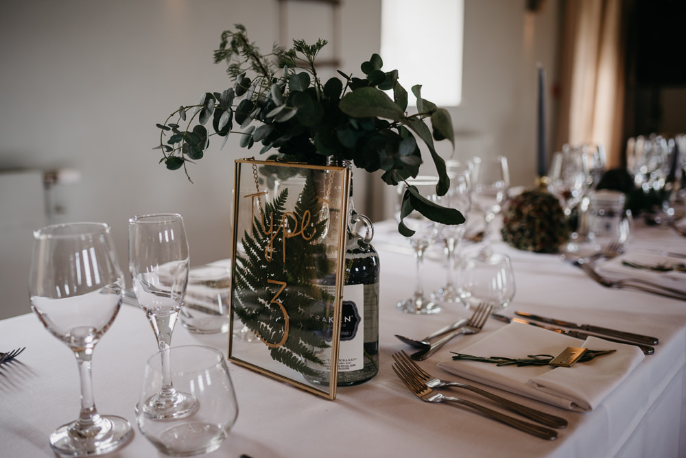 Table Flowers Greenery Foliage Bottles Glass Frame Table Number Bodnant Welsh Food Wedding Elaine Williams Photography
