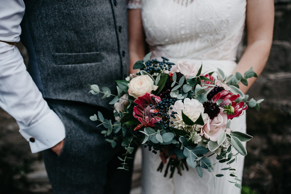 Bouquet Flowers Bride Bridal Greenery Foliage Proteas Dahlias Red Bodnant Welsh Food Wedding Elaine Williams Photography