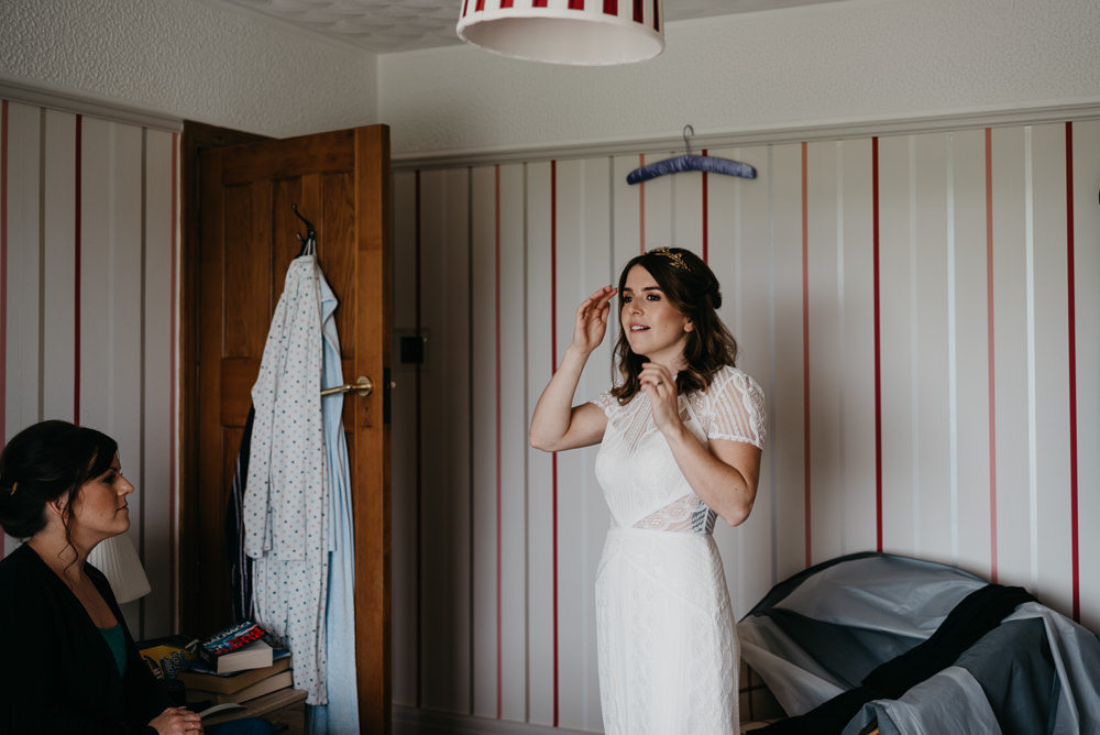 Dress Gown Bride Bridal Lenora Wtoo Watters Lace Sleeves Bodnant Welsh Food Wedding Elaine Williams Photography