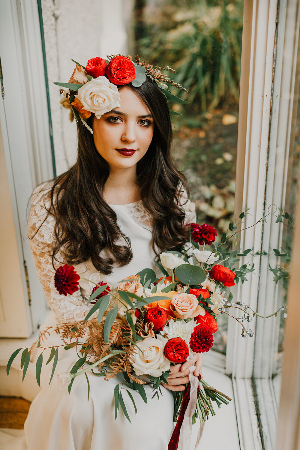 Bride Bridal Bouquet Flowers Red Rose Greenery Foliage Dahlia Ribbon Bohemian Music Folk Wedding Ideas Gail Secker Photography
