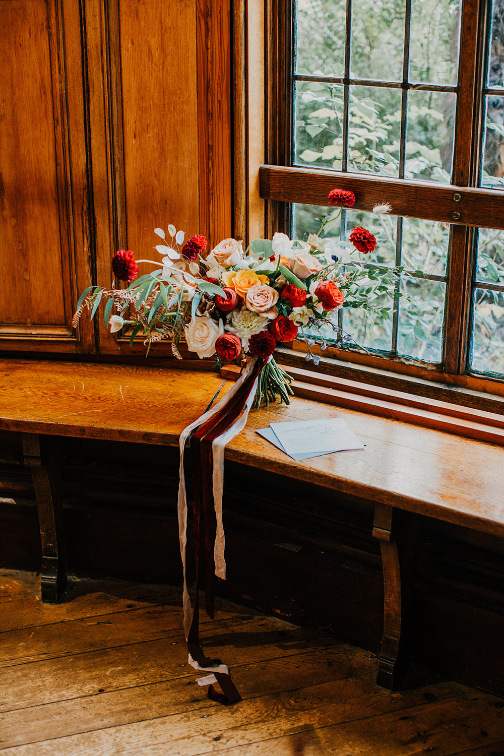 Bride Bridal Bouquet Flowers Red Rose Greenery Foliage Dahlia Ribbon Bohemian Music Folk Wedding Ideas Gail Secker Photography