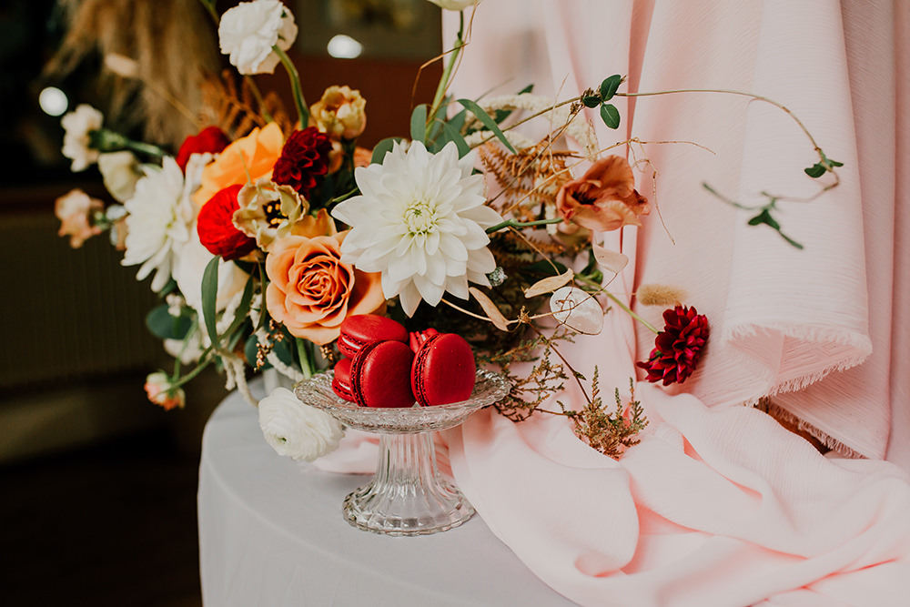 Flowers Floral Arrangement Dahlia Rose Bohemian Music Folk Wedding Ideas Gail Secker Photography