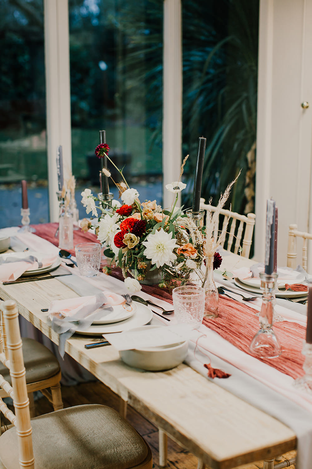 Table Decor Flowers Tablescape Floral Dahlia Rose Bohemian Music Folk Wedding Ideas Gail Secker Photography