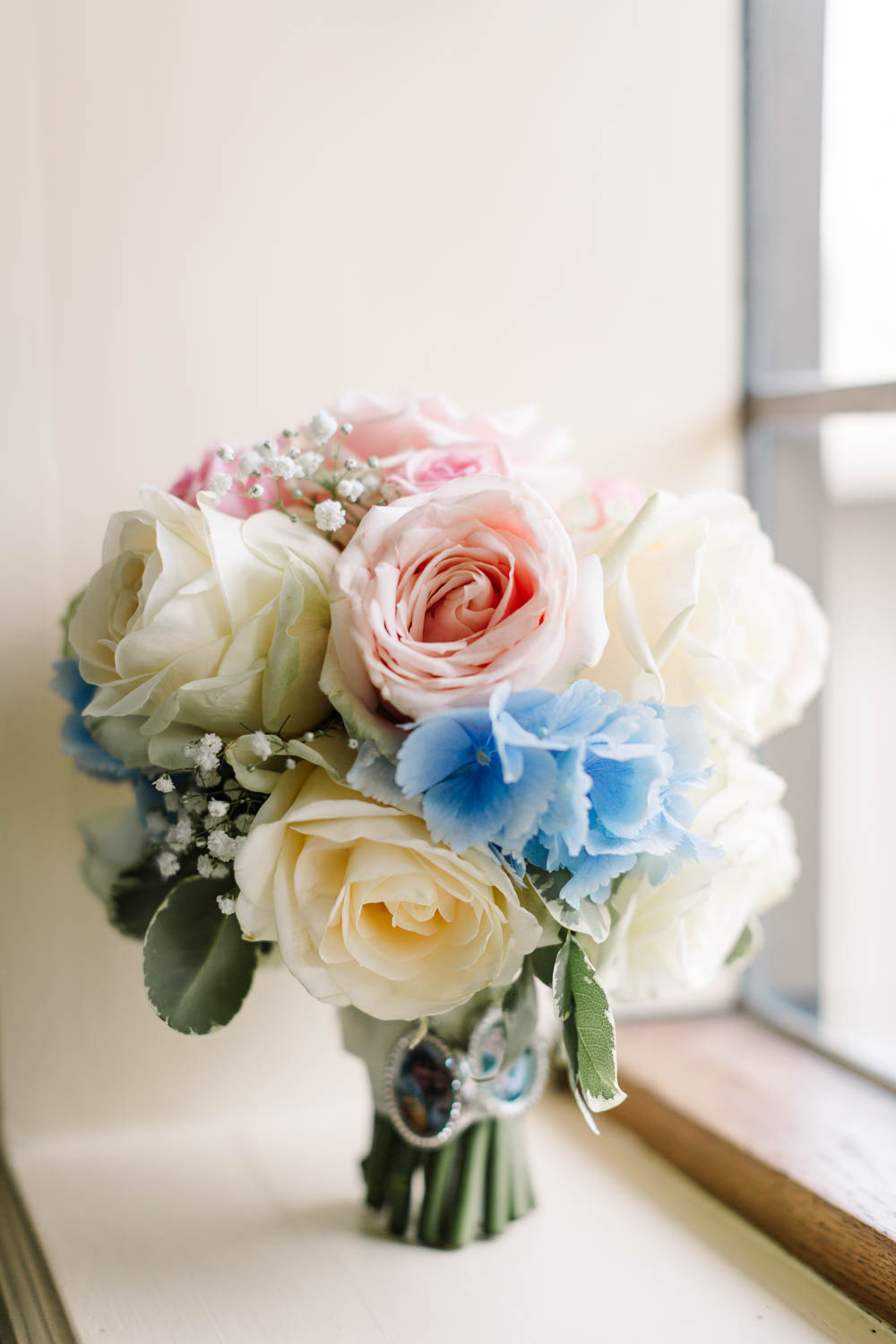 Bride Bridal Bouquet Hydrangea Rose Gypsophila Blue Pink White Brewerstreet Farmhouse Wedding Danielle Smith Photography