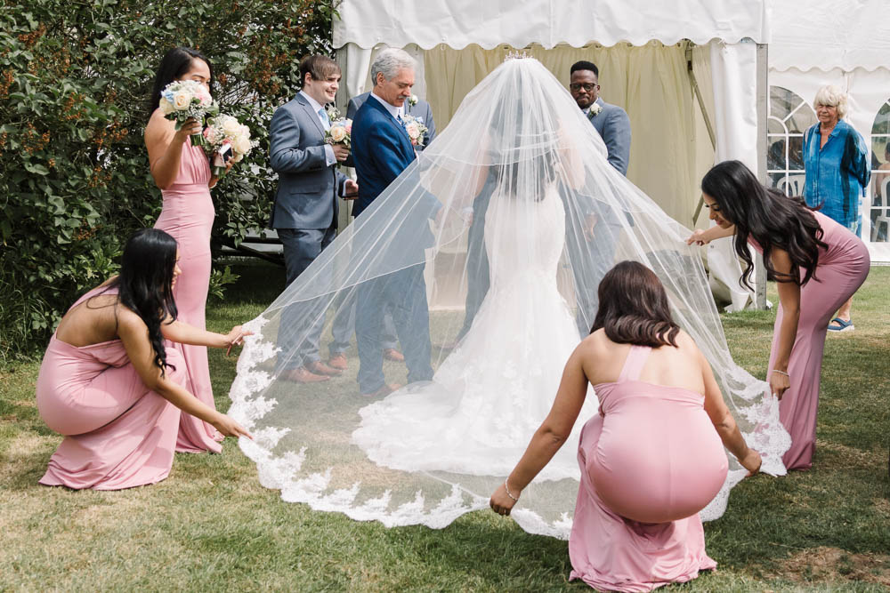 Bride Bridal Fishtail Dress Gown Fit & Flare Tiara Blue Suit Circular Veil Lace Veil Bouquet Rose Hydrangea Pink Bridesmaids Brewerstreet Farmhouse Wedding Danielle Smith Photography