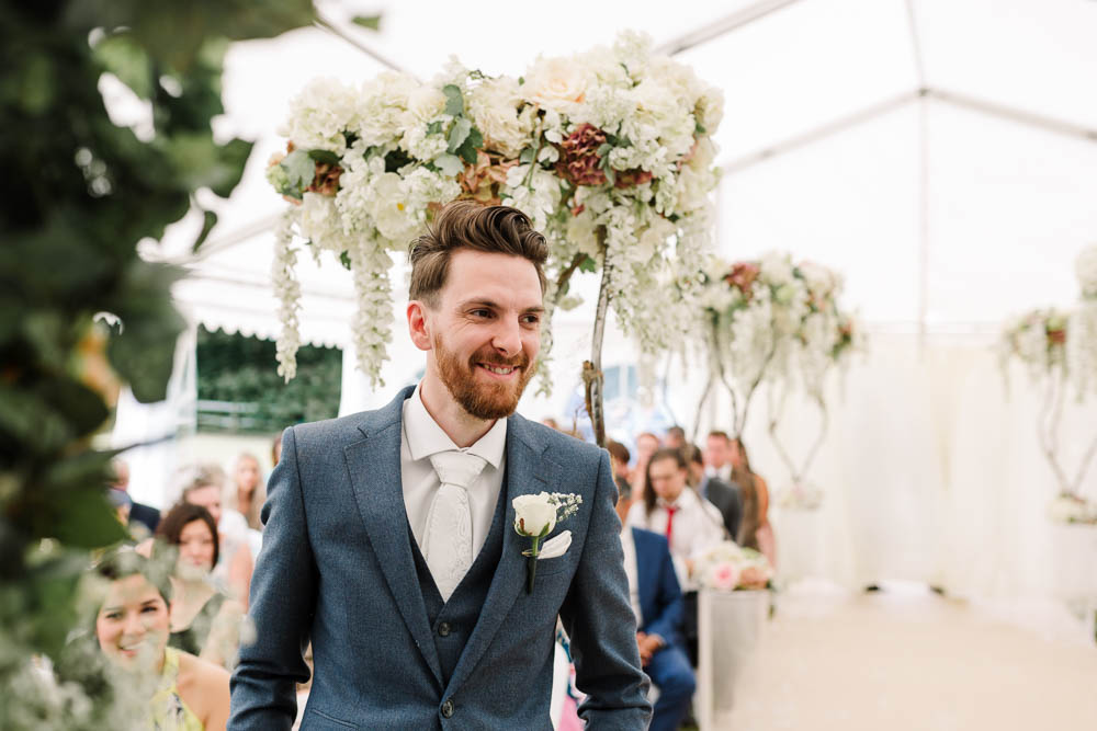 Blue Suit Waistcoat Three Piece Suit Blossom Tree Hanging Flowers Brewerstreet Farmhouse Wedding Danielle Smith Photography