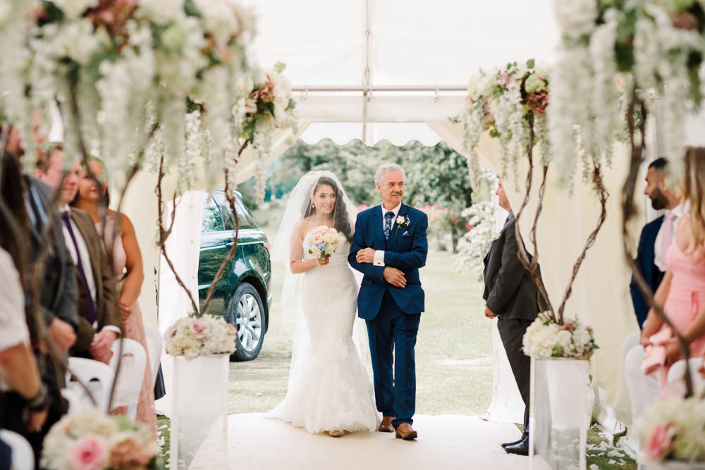 Bride Bridal Fishtail Dress Gown Fit & Flare Tiara Blue Suit Veil Bouquet Rose Hydrangea Brewerstreet Farmhouse Wedding Danielle Smith Photography