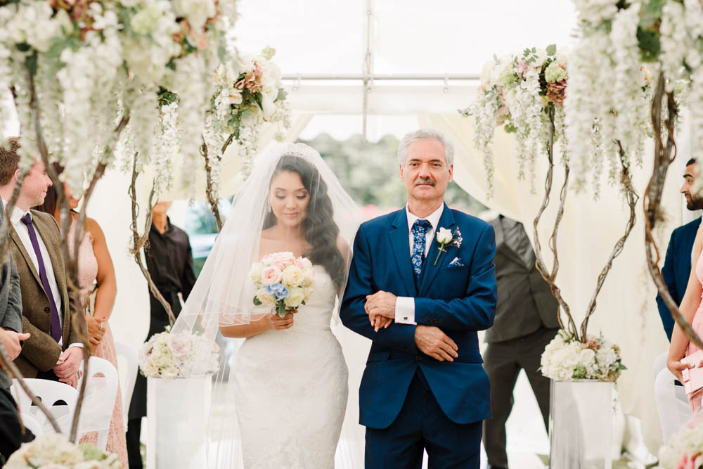 Bride Bridal Fishtail Dress Gown Fit & Flare Tiara Blue Suit Veil Bouquet Rose Hydrangea Brewerstreet Farmhouse Wedding Danielle Smith Photography
