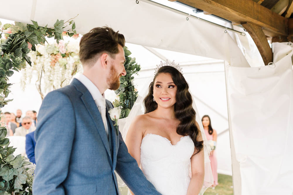 Bride Bridal Fishtail Dress Gown Fit & Flare Tiara Blue Suit Groom Veil Brewerstreet Farmhouse Wedding Danielle Smith Photography