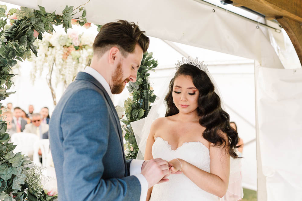 Bride Bridal Fishtail Dress Gown Fit & Flare Tiara Blue Suit Groom Veil Brewerstreet Farmhouse Wedding Danielle Smith Photography