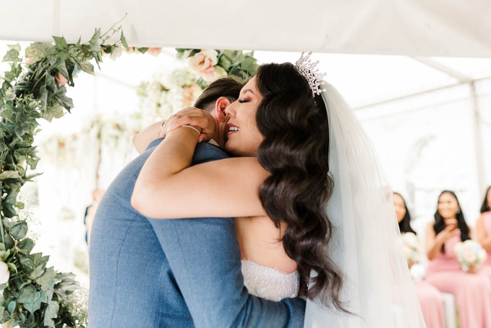 Bride Bridal Fishtail Dress Gown Fit & Flare Tiara Blue Suit Groom Veil Wavy Hair Brewerstreet Farmhouse Wedding Danielle Smith Photography