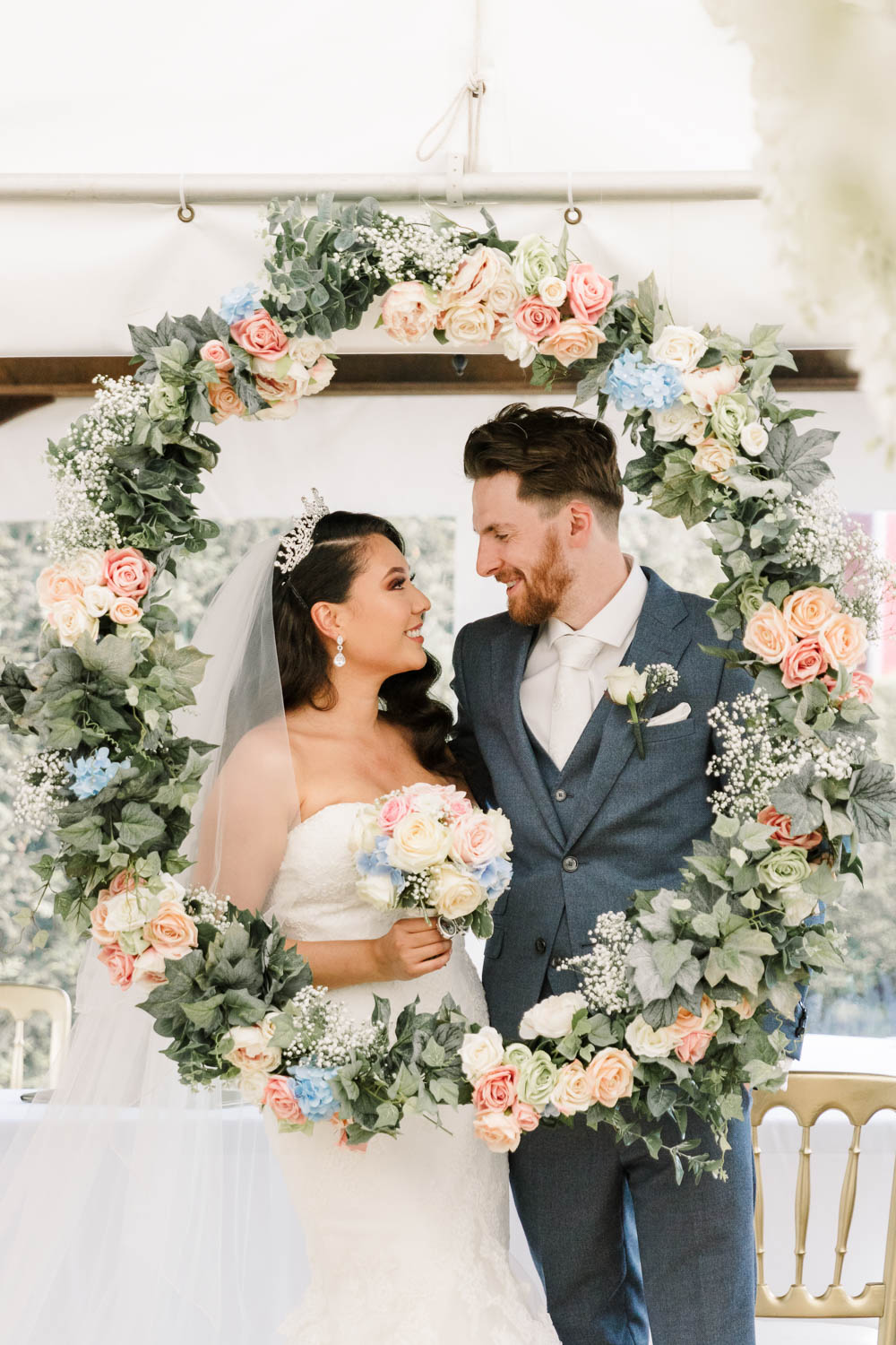 Bride Bridal Fishtail Dress Gown Fit & Flare Tiara Blue Suit Groom Veil Bouquet Rose Hydrangea Floral Hoop Brewerstreet Farmhouse Wedding Danielle Smith Photography