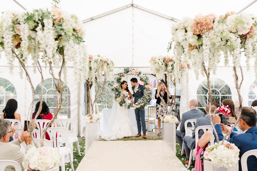 Bride Bridal Fishtail Dress Gown Fit & Flare Tiara Blue Suit Groom Veil Bouquet Rose Hydrangea Floral Hoop Brewerstreet Farmhouse Wedding Danielle Smith Photography