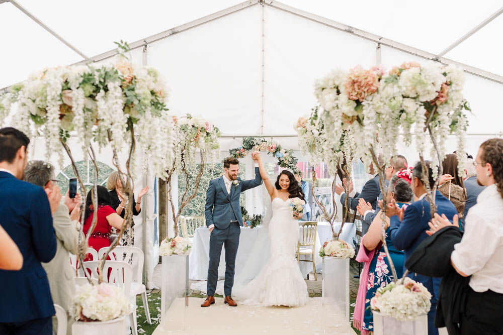Bride Bridal Fishtail Dress Gown Fit & Flare Tiara Blue Suit Groom Veil Bouquet Rose Hydrangea Floral Hoop Brewerstreet Farmhouse Wedding Danielle Smith Photography