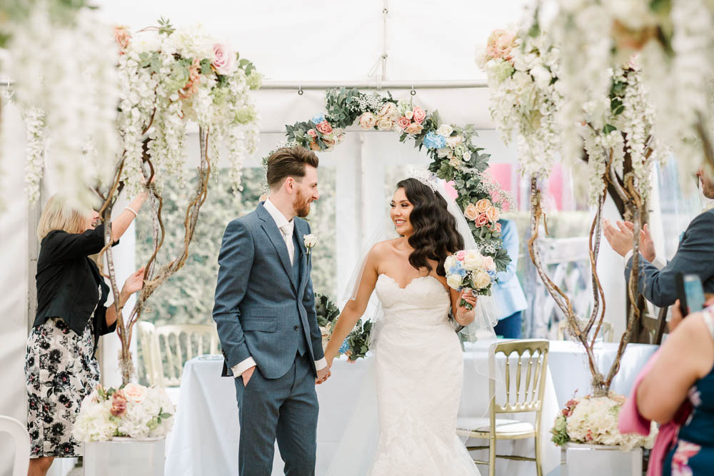 Bride Bridal Fishtail Dress Gown Fit & Flare Tiara Blue Suit Groom Veil Bouquet Rose Hydrangea Brewerstreet Farmhouse Wedding Danielle Smith Photography