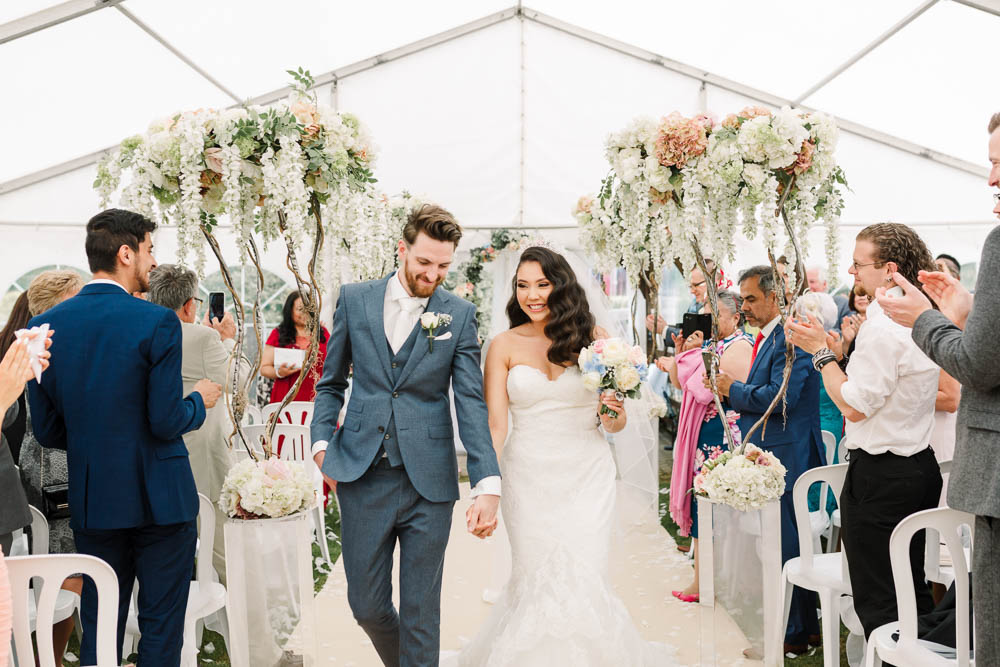 Bride Bridal Fishtail Dress Gown Fit & Flare Tiara Blue Suit Groom Veil Bouquet Rose Hydrangea Brewerstreet Farmhouse Wedding Danielle Smith Photography