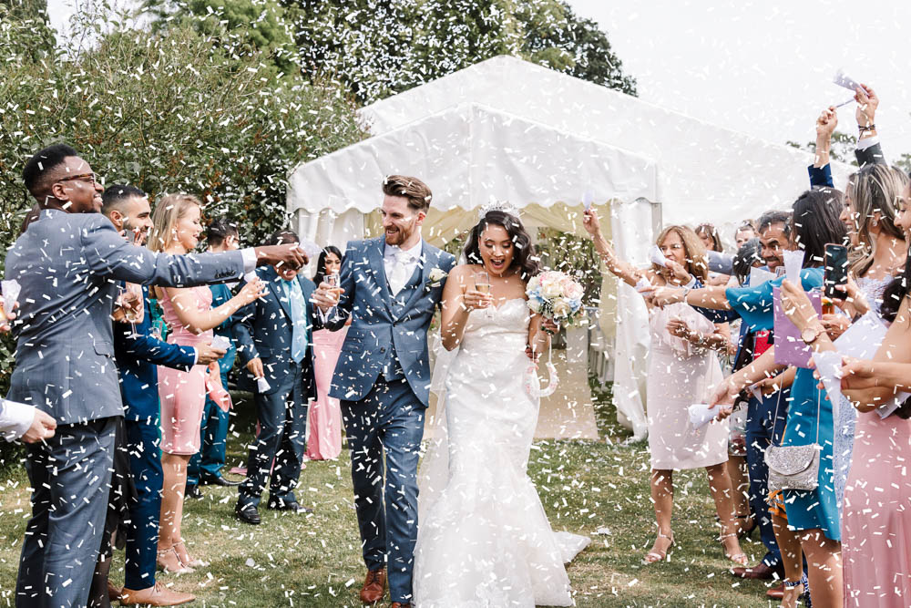 Bride Bridal Fishtail Dress Gown Fit & Flare Tiara Blue Suit Groom Veil Bouquet Rose Hydrangea Confetti Cannon Brewerstreet Farmhouse Wedding Danielle Smith Photography