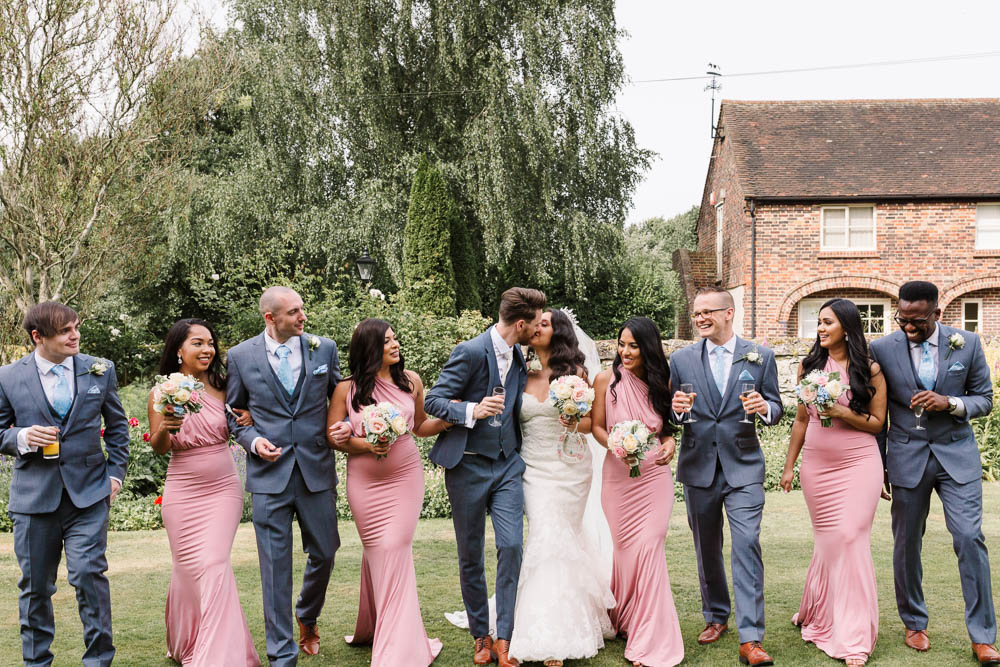 Bride Bridal Fishtail Dress Gown Fit & Flare Tiara Blue Suit Groom Veil Bouquet Rose Hydrangea Pink Floor Length Maxi Pink Bridesmaids Brewerstreet Farmhouse Wedding Danielle Smith Photography